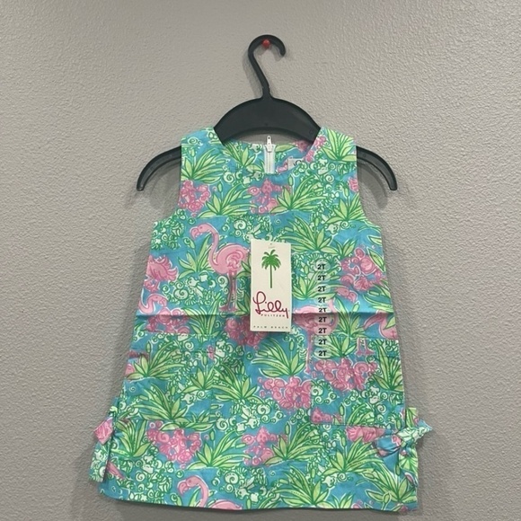 NWT White Label Lilly Pulitzer Flamingo Pink Green Shift Dress Size 2 & 6t - Picture 2 of 2